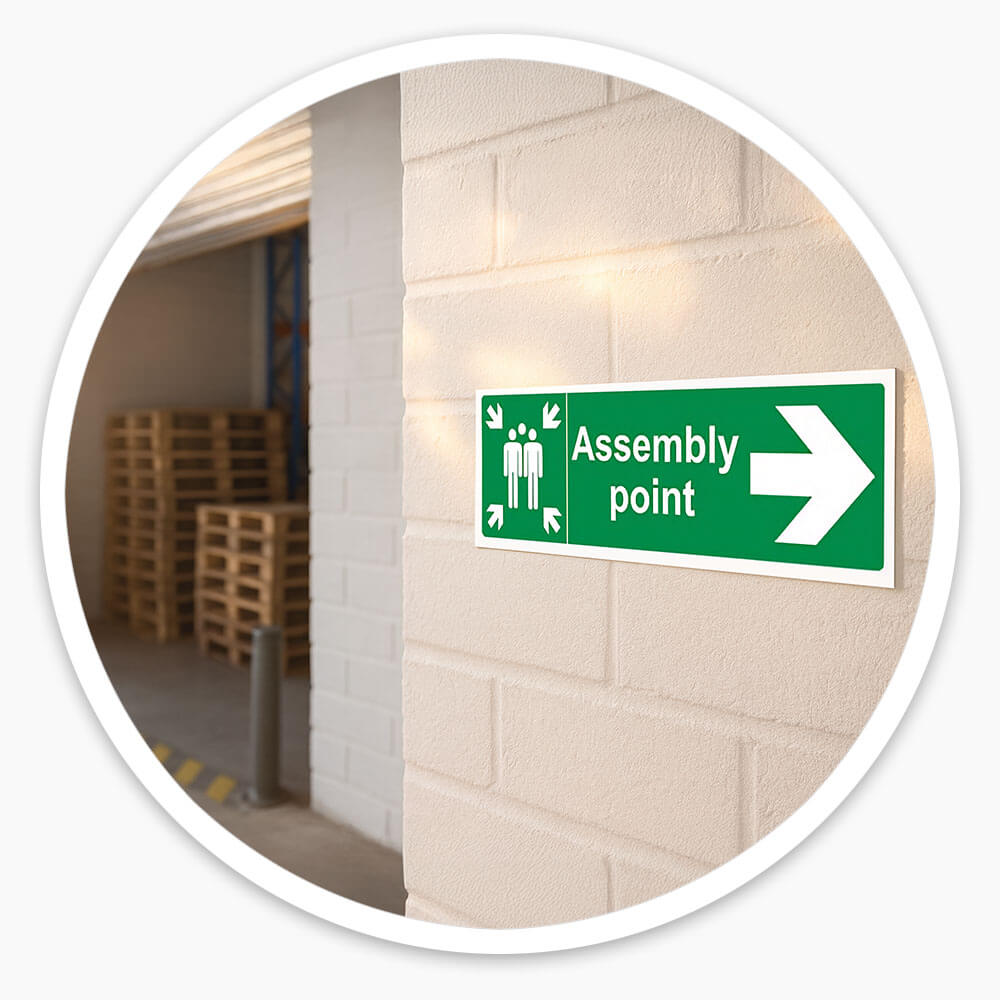 "Fire Assembly Point" Arrow Right Sign