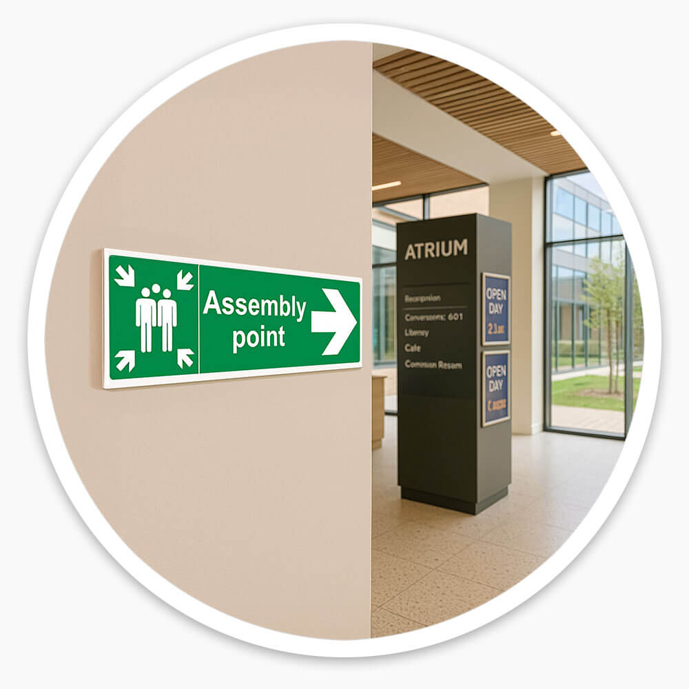 "Fire Assembly Point" Arrow Right Sign