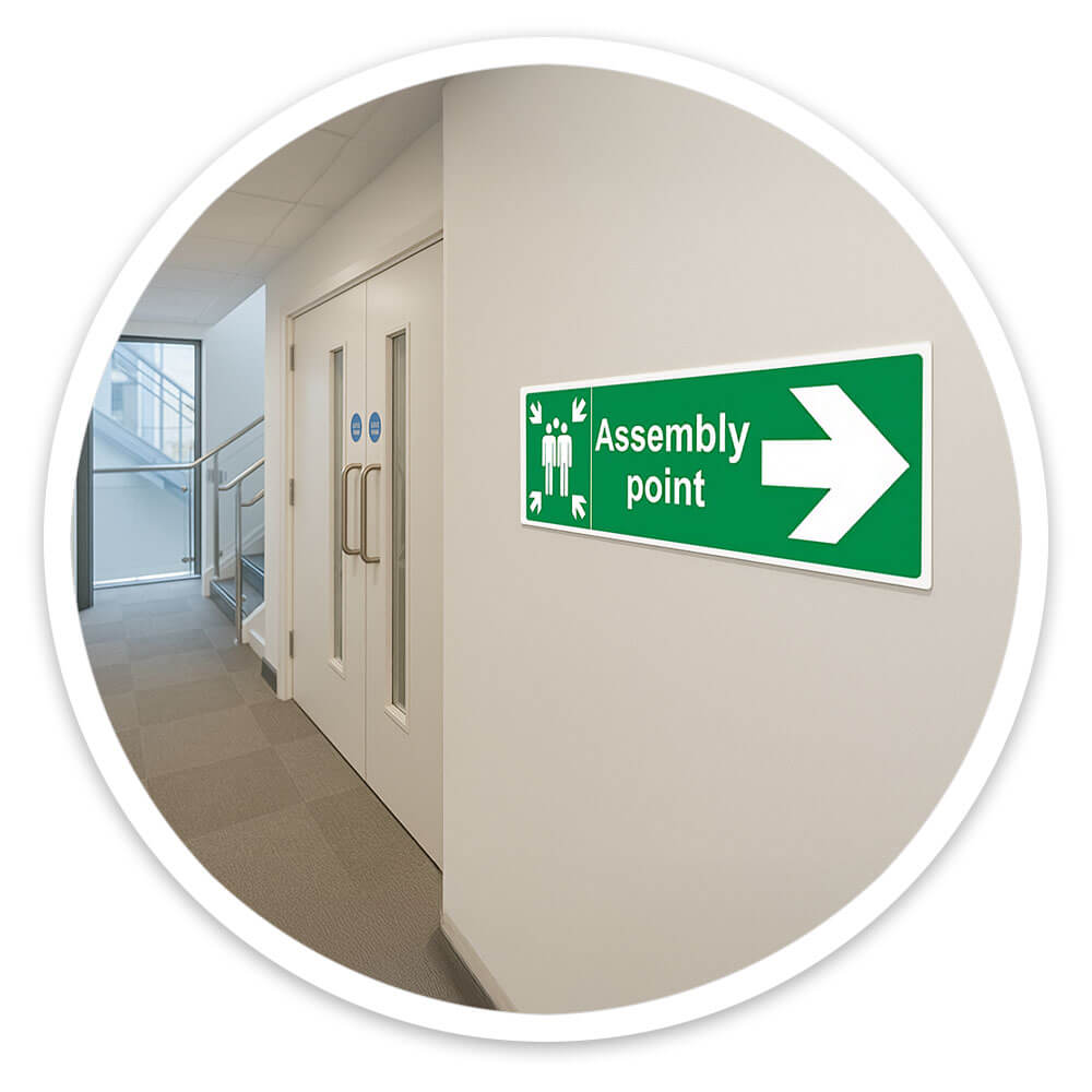 "Fire Assembly Point" Arrow Right Sign