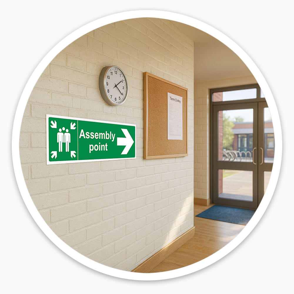 "Fire Assembly Point" Arrow Right Sign