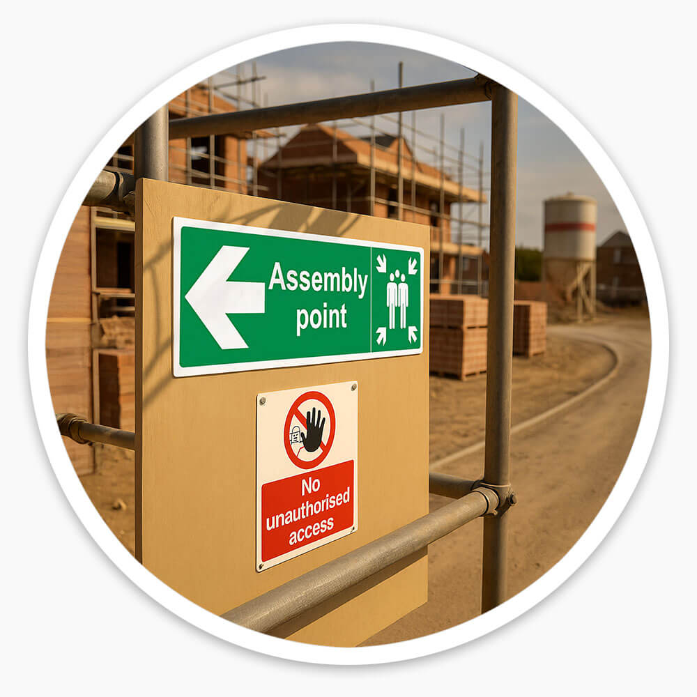 "Fire Assembly Point" Arrow Left Sign