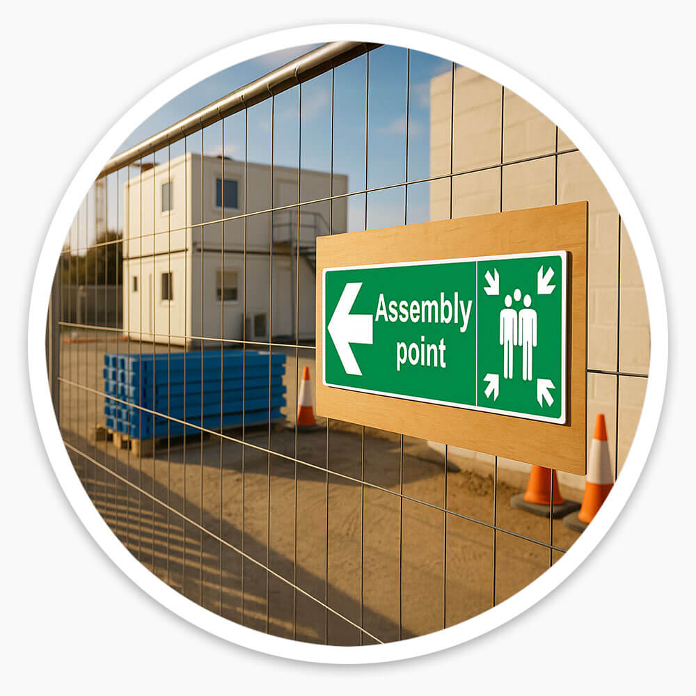 "Fire Assembly Point" Arrow Left Sign