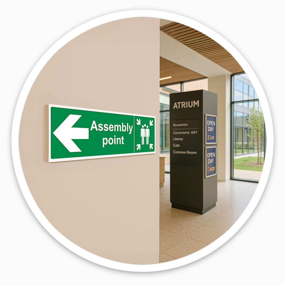 "Fire Assembly Point" Arrow Left Sign