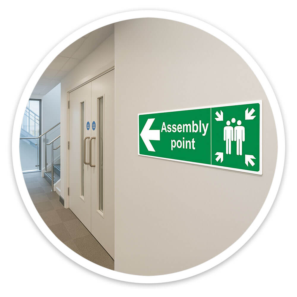 "Fire Assembly Point" Arrow Left Sign