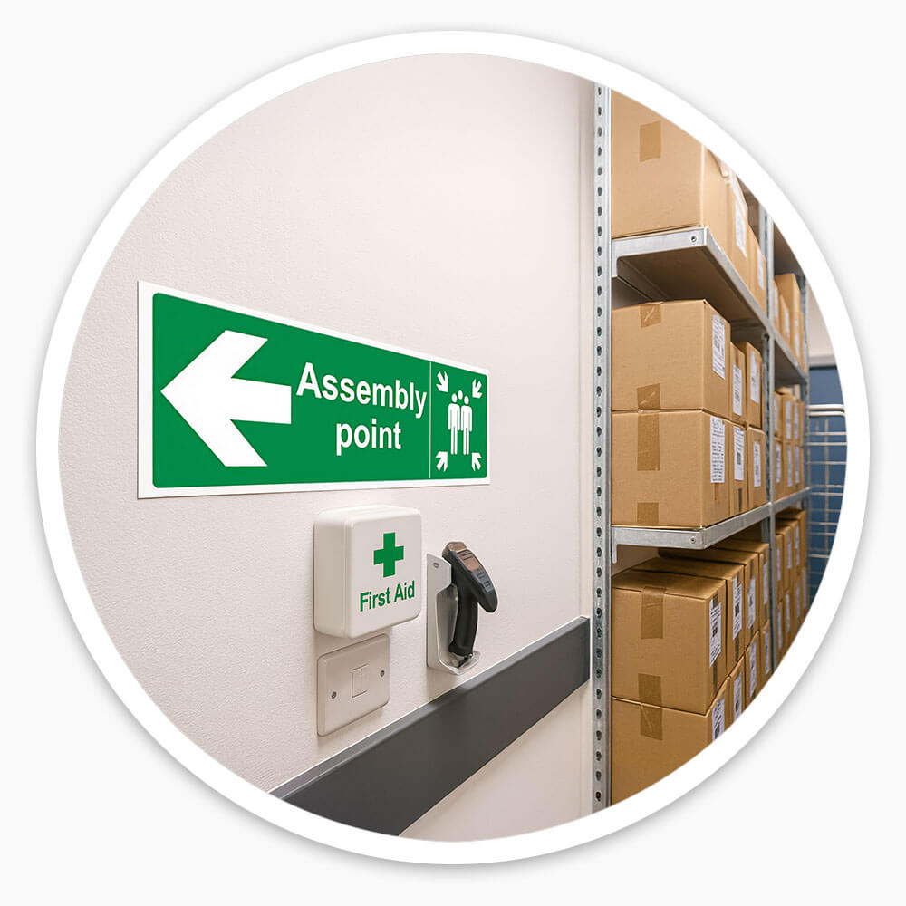 "Fire Assembly Point" Arrow Left Sign