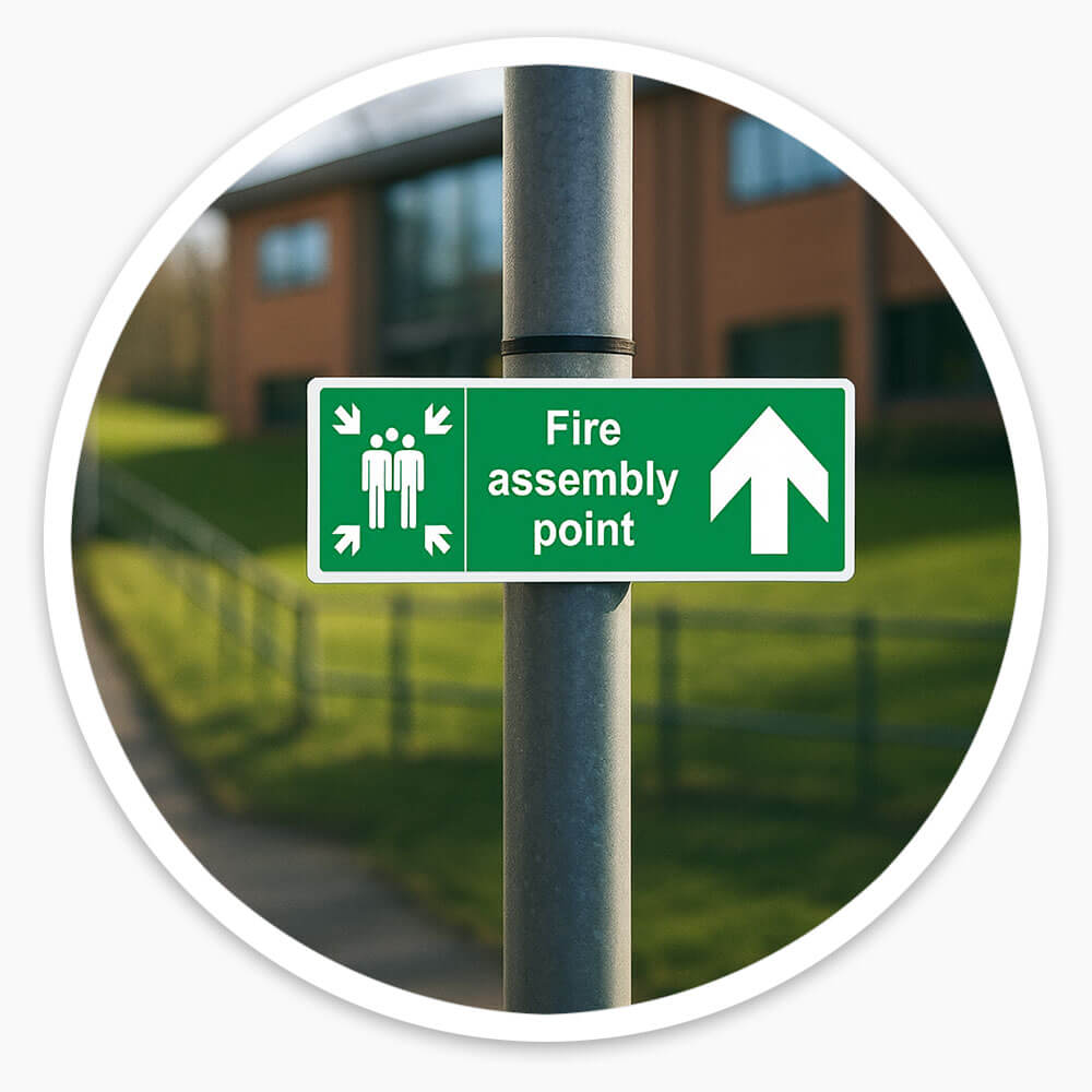 "Fire Assembly Point" Arrow Up Sign
