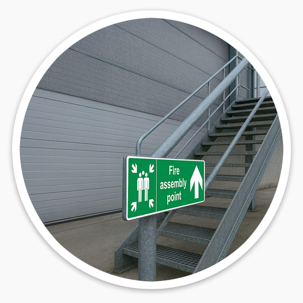 "Fire Assembly Point" Arrow Up Sign