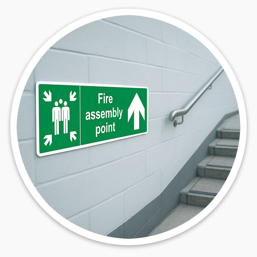 "Fire Assembly Point" Arrow Up Sign