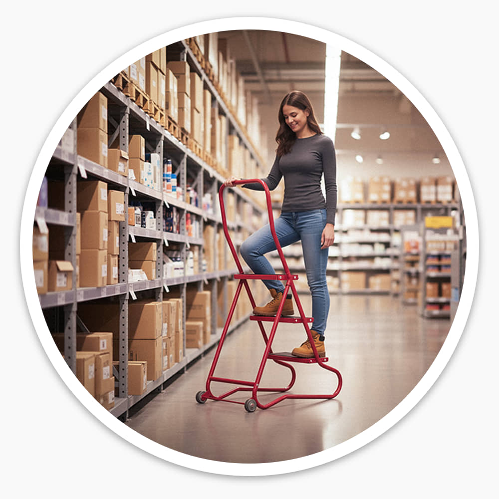 Worker with the 3 Tread Wheelalong Mobile Steps positioned in a stockroom aisle between racking bays