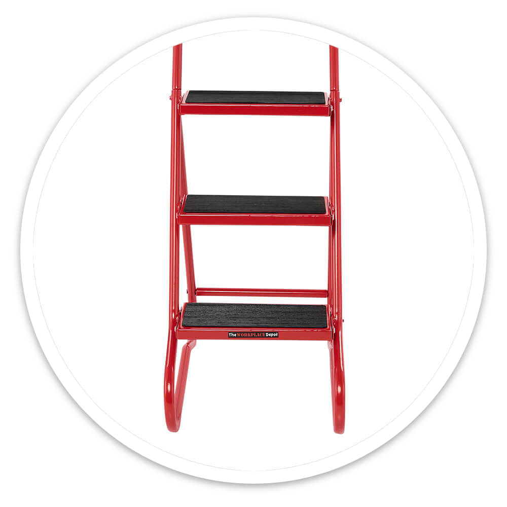 Front view of the 3 Tread Wheelalong Mobile Steps showing their narrow 430mm frame