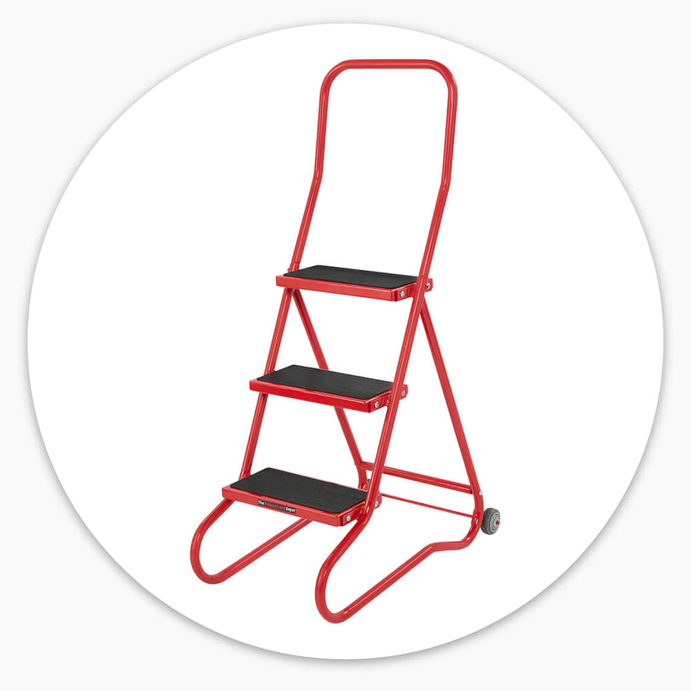 3 Tread Wheelalong Mobile Steps in high-visibility red powder-coated steel on a white background