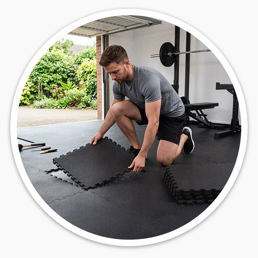 Man laying black Fine Grain Interlocking Gym Floor Tiles in a home gym beside a weights rack and bench
