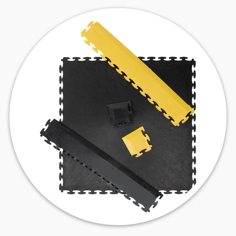 Black Fine Grain Interlocking Gym Floor Tile with black and yellow ramp edges and corner pieces
