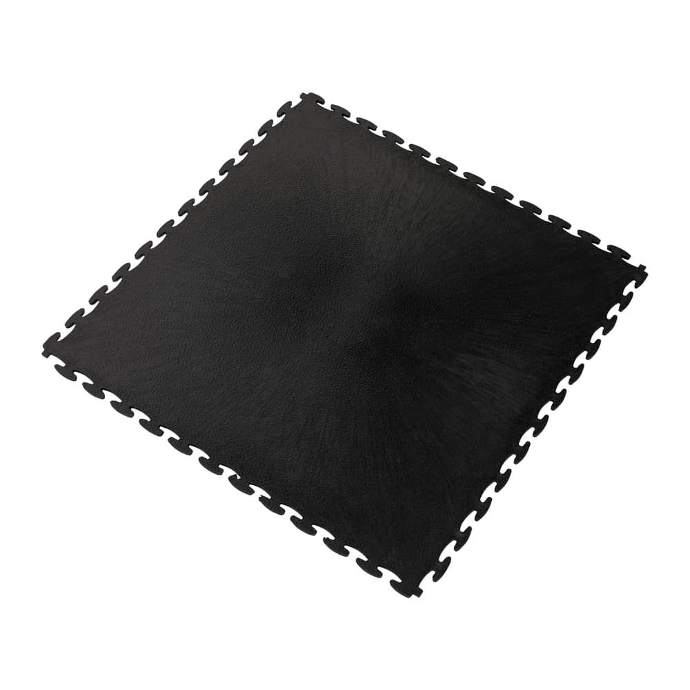 Fine Grain Interlocking Gym Floor Tile in black vinyl, 7mm thick, with jigsaw edges on all four sides, on a white background
