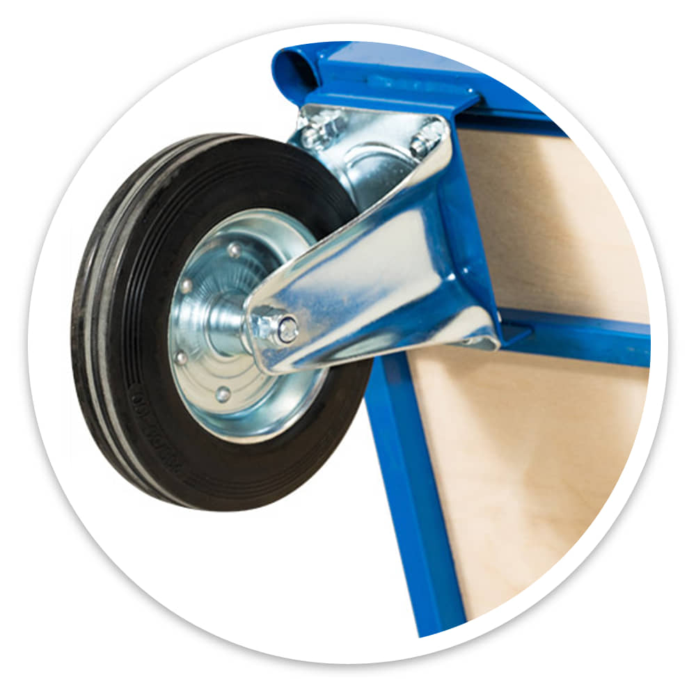 Close-up of a solid rubber wheel with steel centre on the Platform Dolly Cart