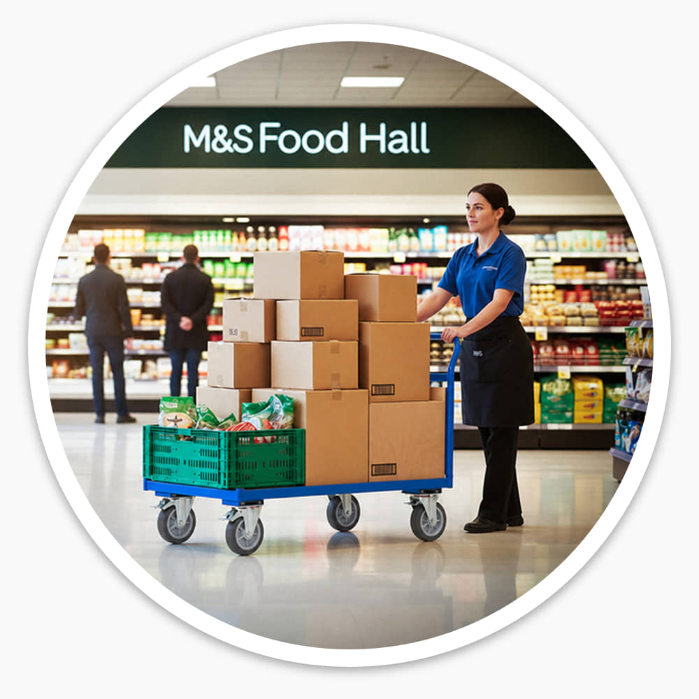 Staff member holding the push handle of a loaded Flatbed Trolley in a food hall