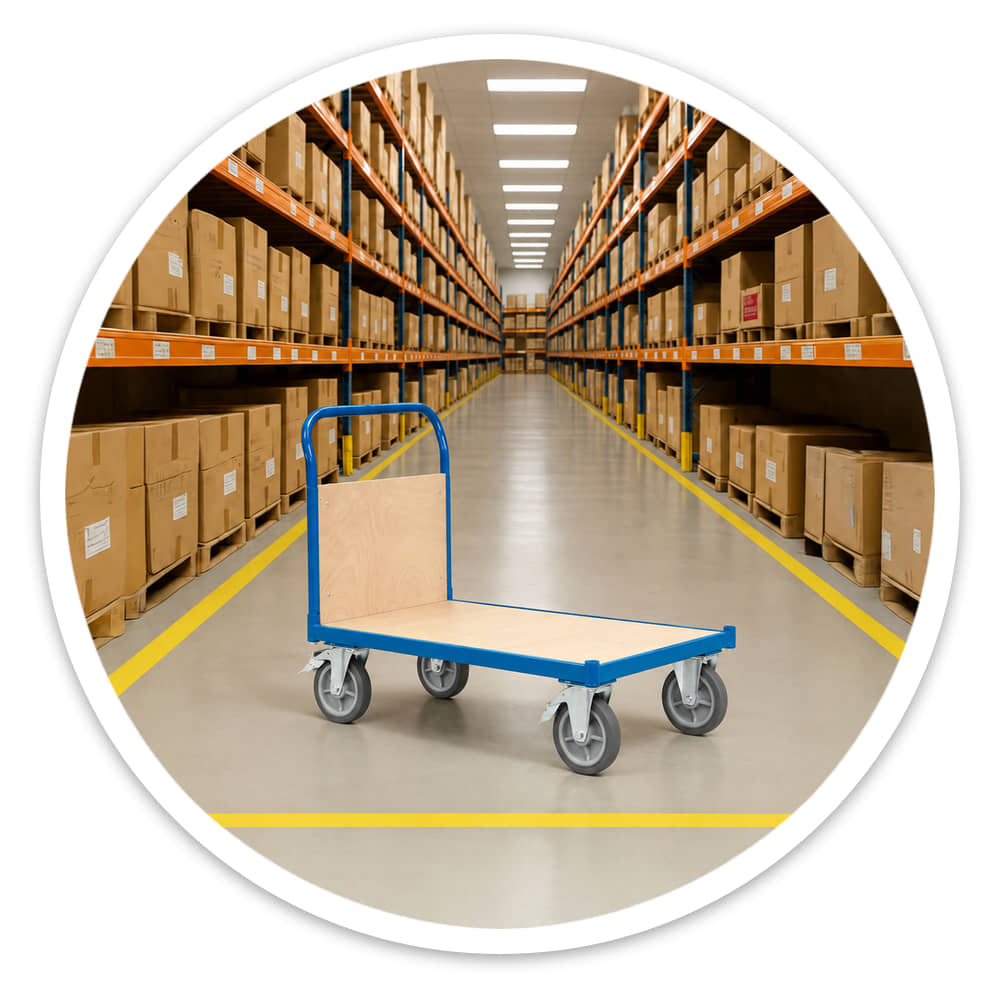 Blue powder-coated Flatbed Trolley standing in a warehouse aisle between racking