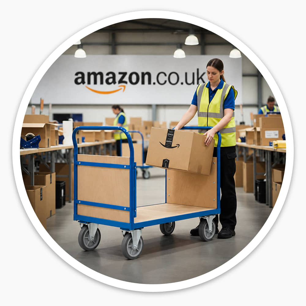 Warehouse worker in a hi-vis vest loading a parcel onto a blue double-handle Platform Cart