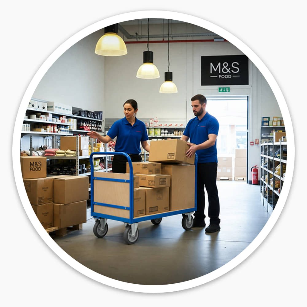 Two staff at either end of a Platform Cart loaded with boxes in a food store stockroom