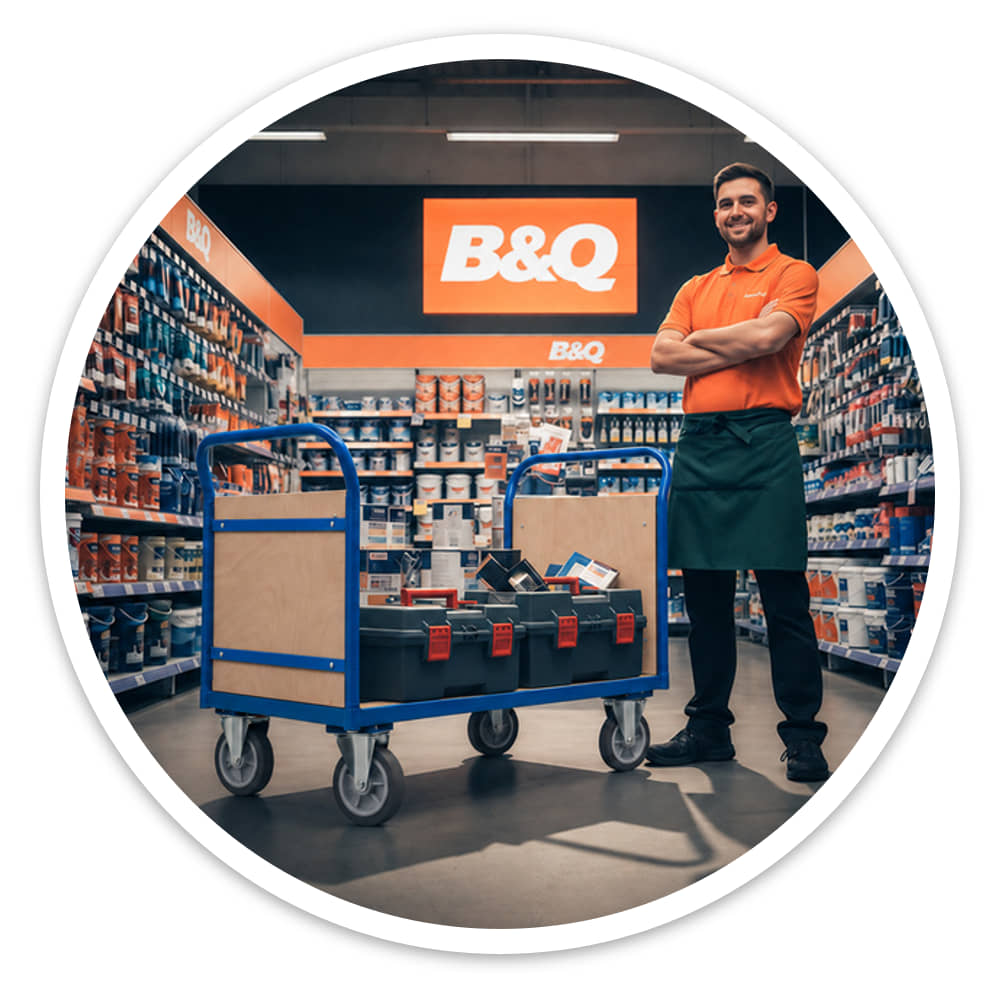 Platform Cart carrying heavy toolboxes in a DIY store aisle beside a staff member