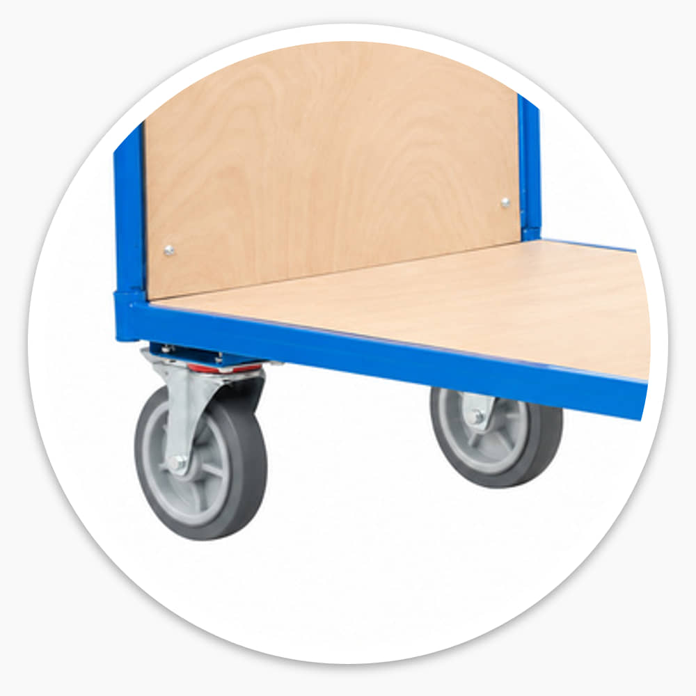 Double handle platform cart with a plywood deck and plywood end panels in a blue steel frame, on four grey castor wheels
