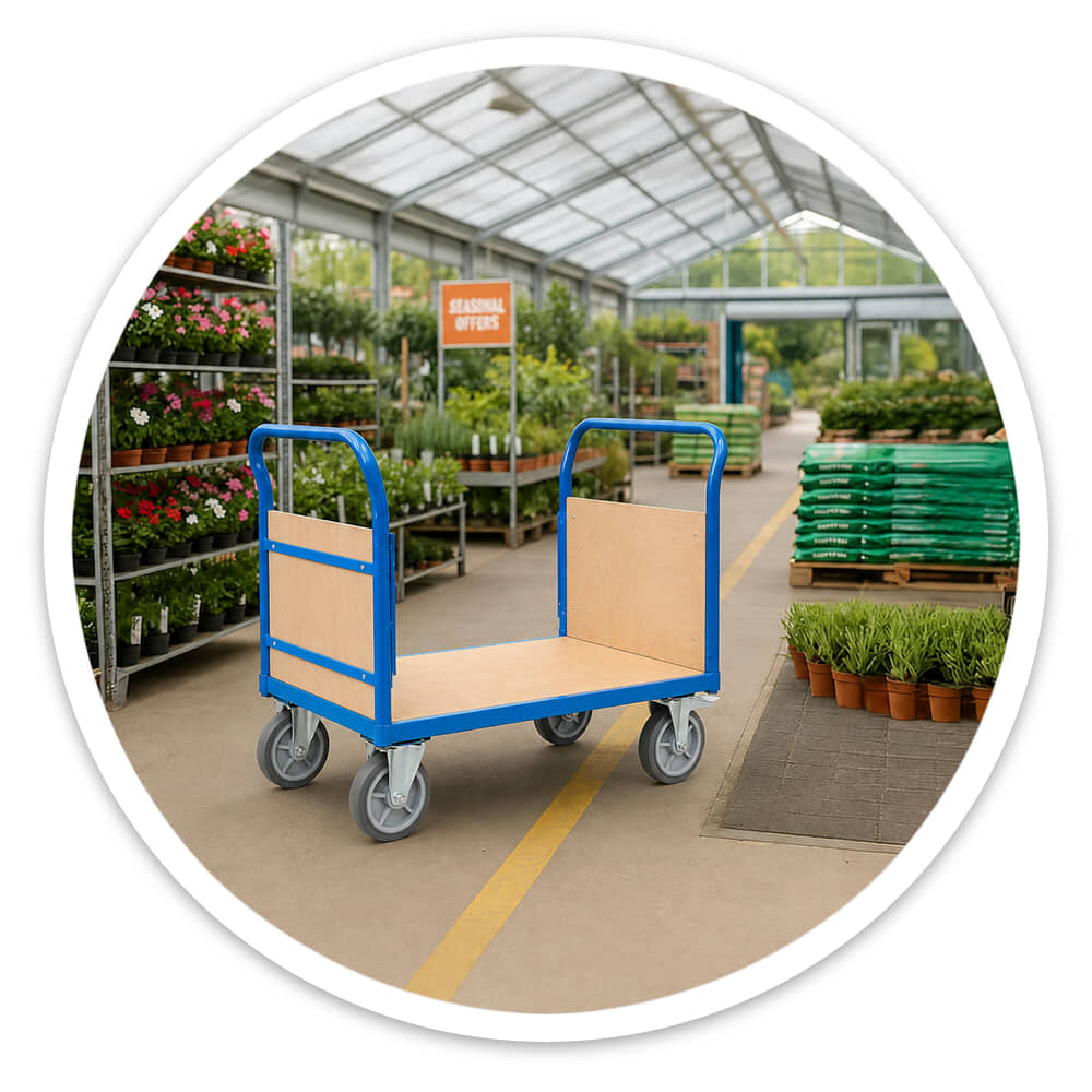 Platform Cart with wooden end panels in a garden centre greenhouse aisle
