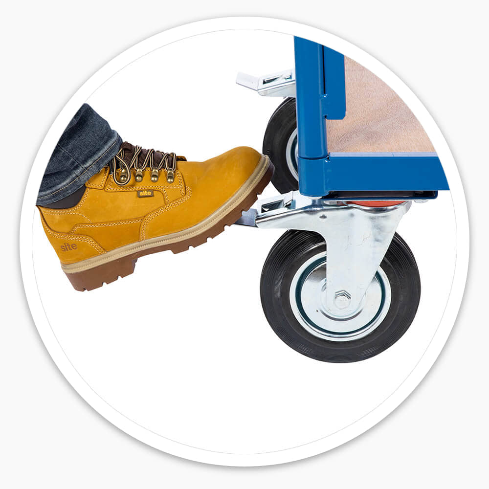 Work boot pressing the foot brake on a swivel castor of the blue Platform Cart - Double Handle - 500kg Maximum Load