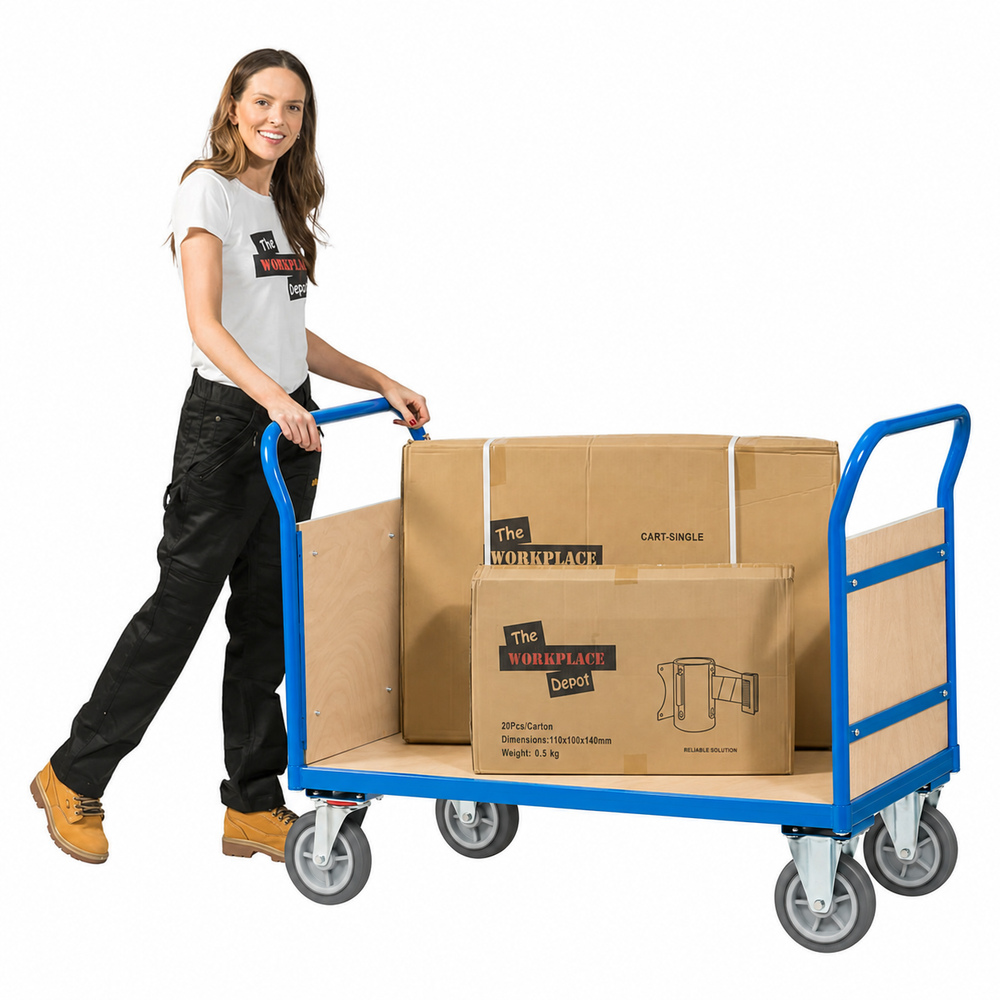 Woman pushing the double-handle Platform Cart loaded with cardboard boxes, on a white background