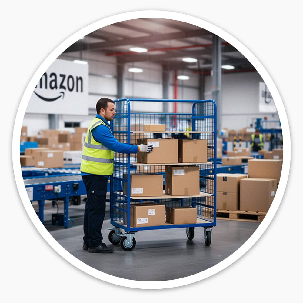 Warehouse worker loading cartons onto a blue mesh-sided Shelf Trolley in a busy distribution centre