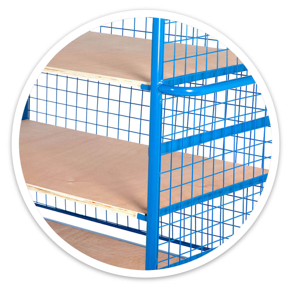 Close-up of the shelf trolley's blue mesh side panels around plywood shelves, with the tubular push handle