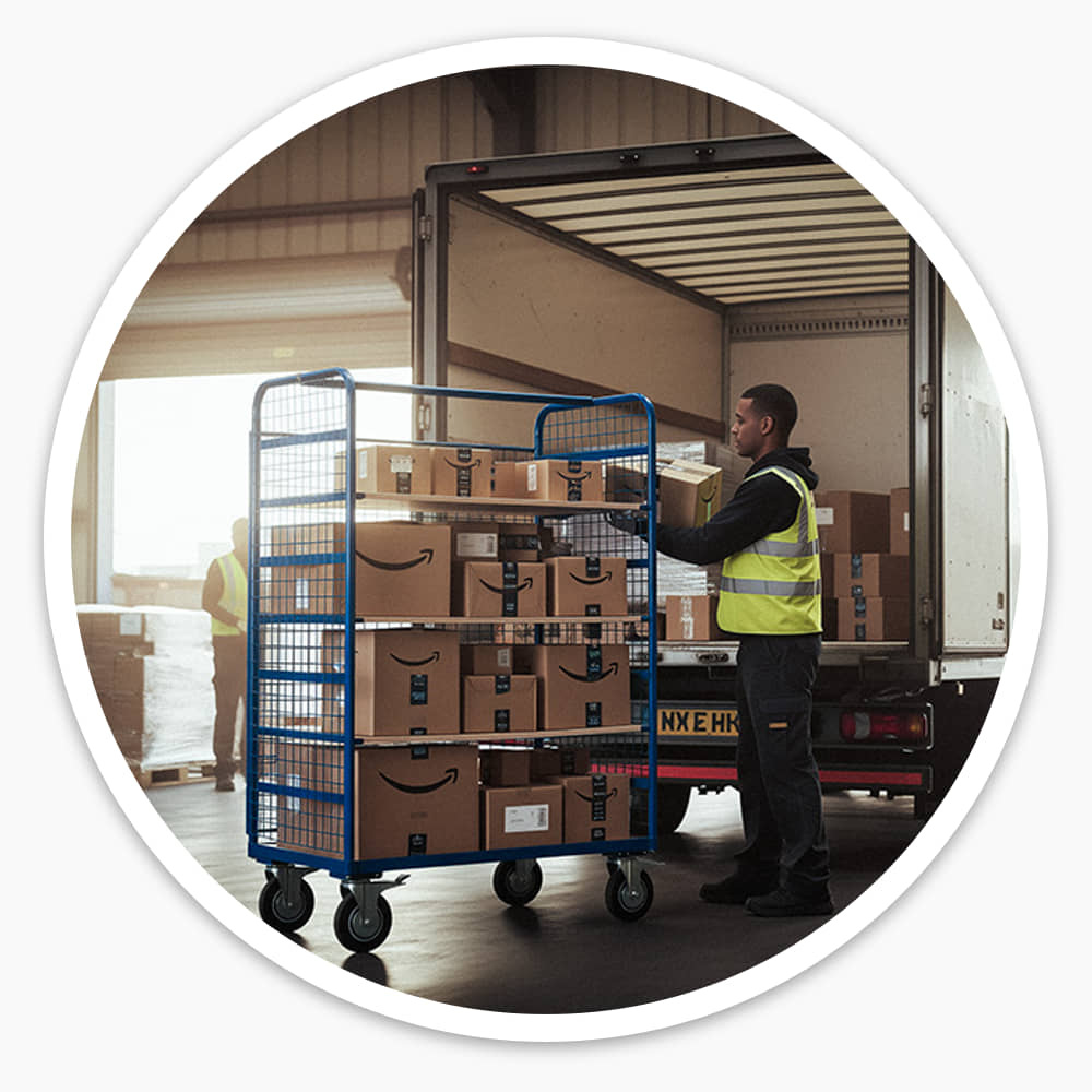 Worker loading a lorry from a Shelf Trolley stacked high with heavy cartons at a loading bay