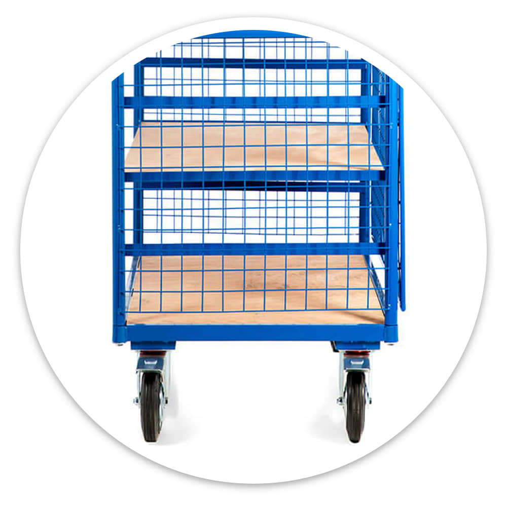 Blue mesh shelf trolley, end view, with plywood deck on the bottom level, two wooden shelves above and four castors