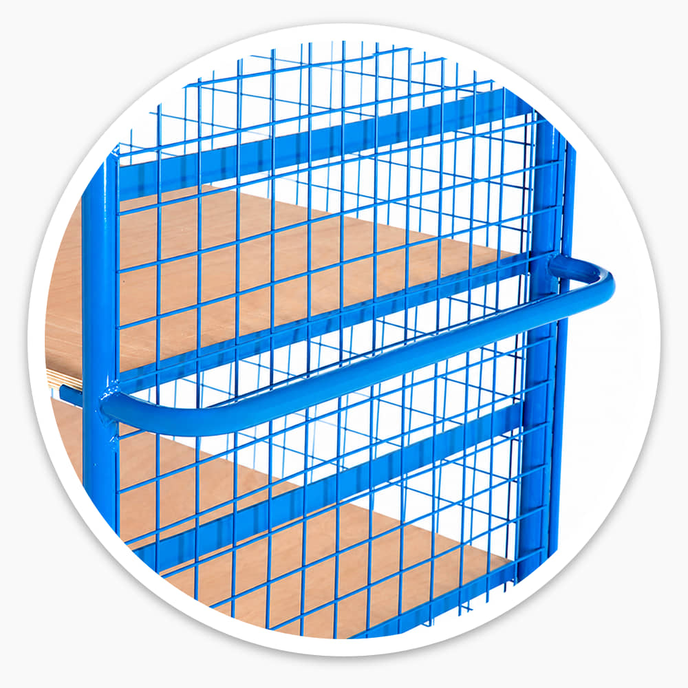 Close-up of the blue rounded tubular push handle on the shelf trolley's mesh end panel, with wooden shelves behind