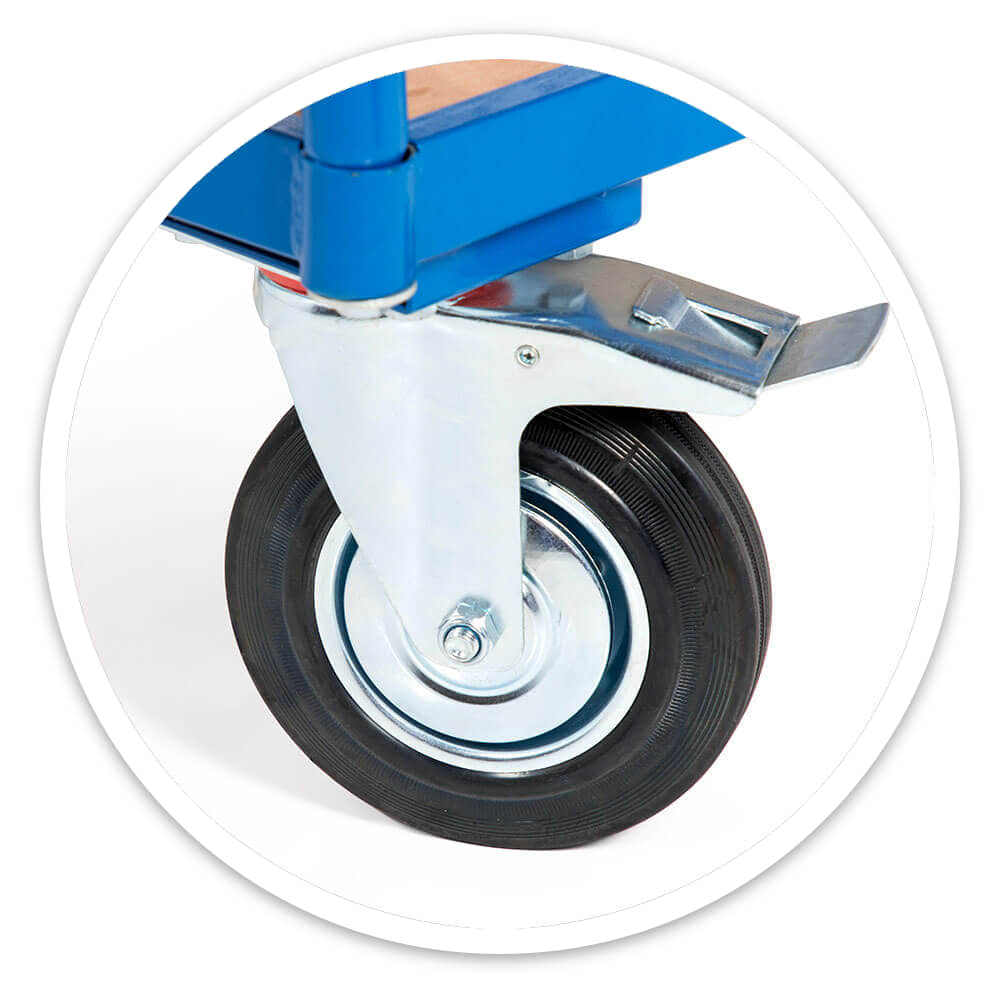 Close-up of a Shelf Trolley swivel castor with a solid rubber wheel, steel centre and foot-operated brake