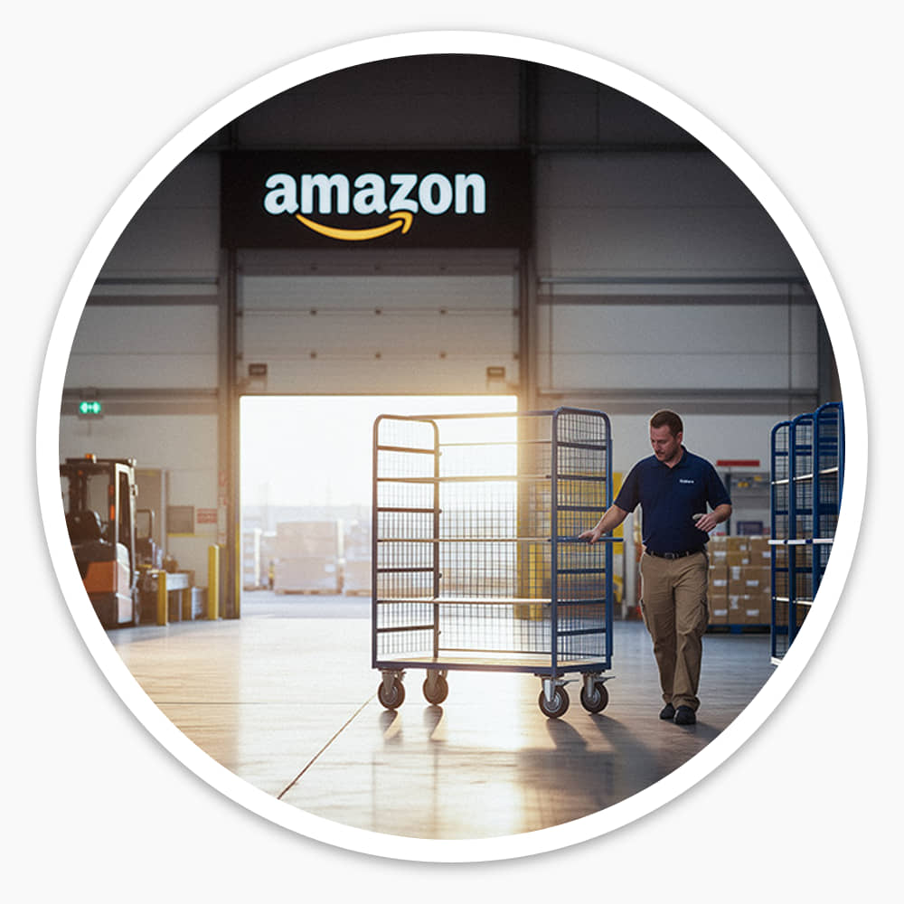 Worker pushing a mesh-sided Shelf Trolley with adjustable shelves across a warehouse floor, with more trolleys beside him