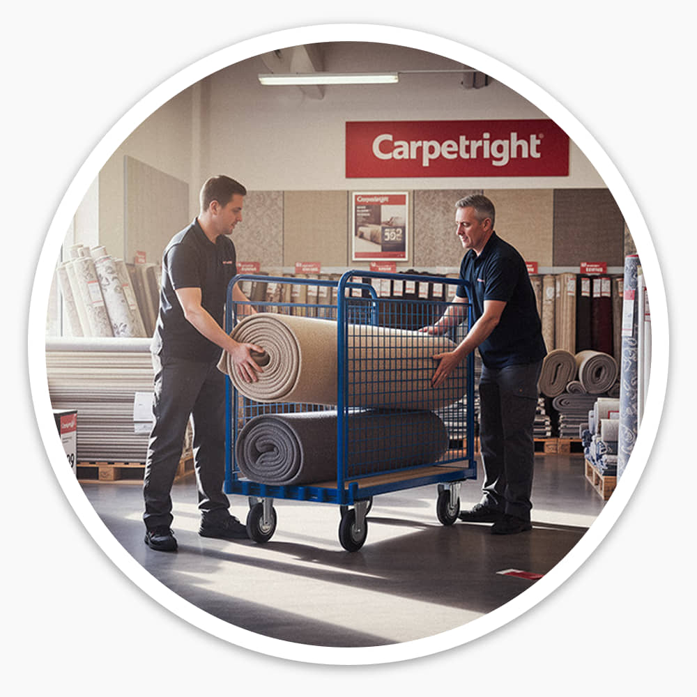 Two staff loading carpet rolls onto the Adjustable Board Trolley in a carpet store