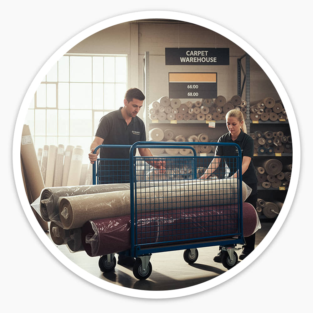Staff moving long rolls held between the mesh supports of the Adjustable Board Trolley in a carpet warehouse