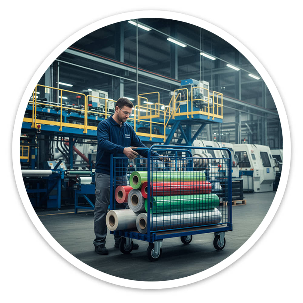 Worker pushing the Adjustable Board Trolley loaded with heavy material rolls through a factory