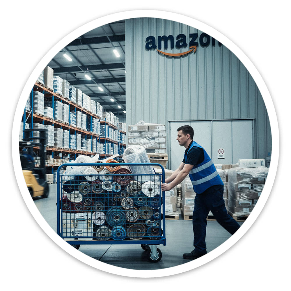 Warehouse worker in a hi-vis vest pushing a blue steel mesh trolley loaded with fabric rolls past pallet racking
