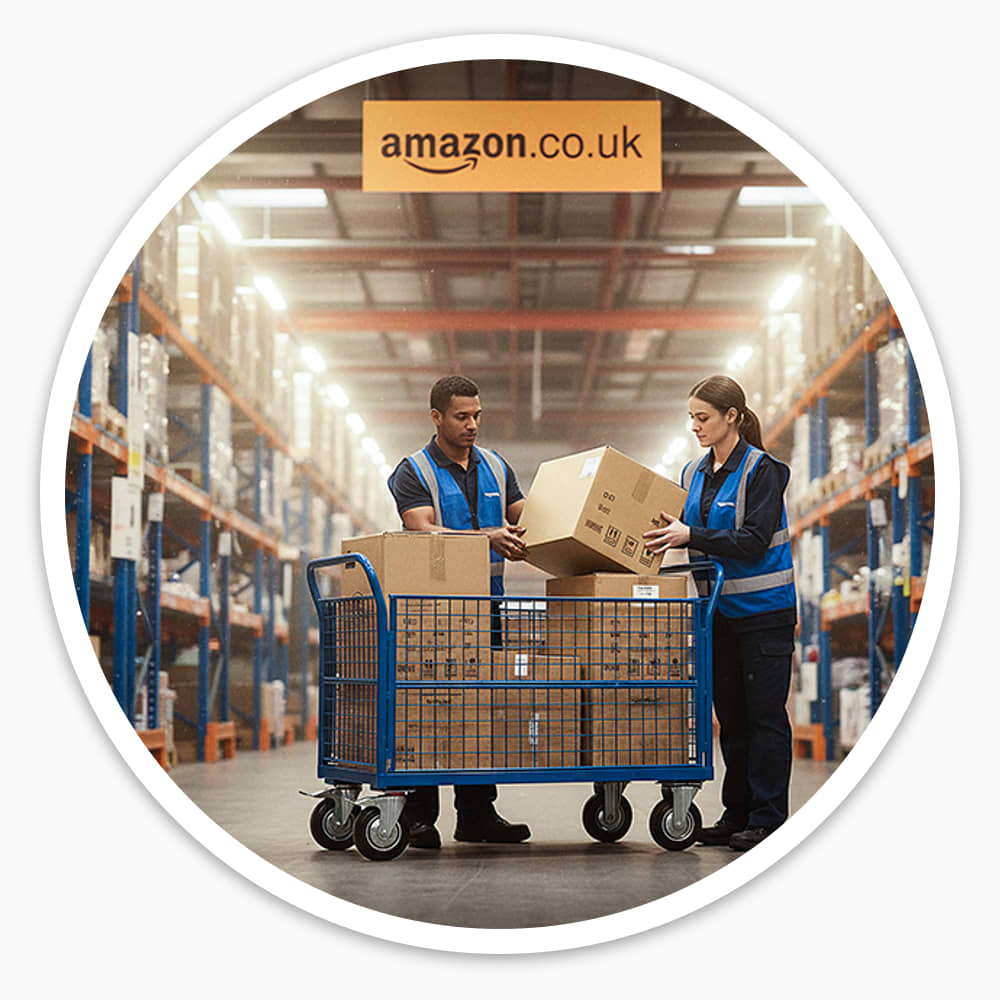 Two warehouse workers loading boxes onto a blue mesh Basket Trolley between tall racking