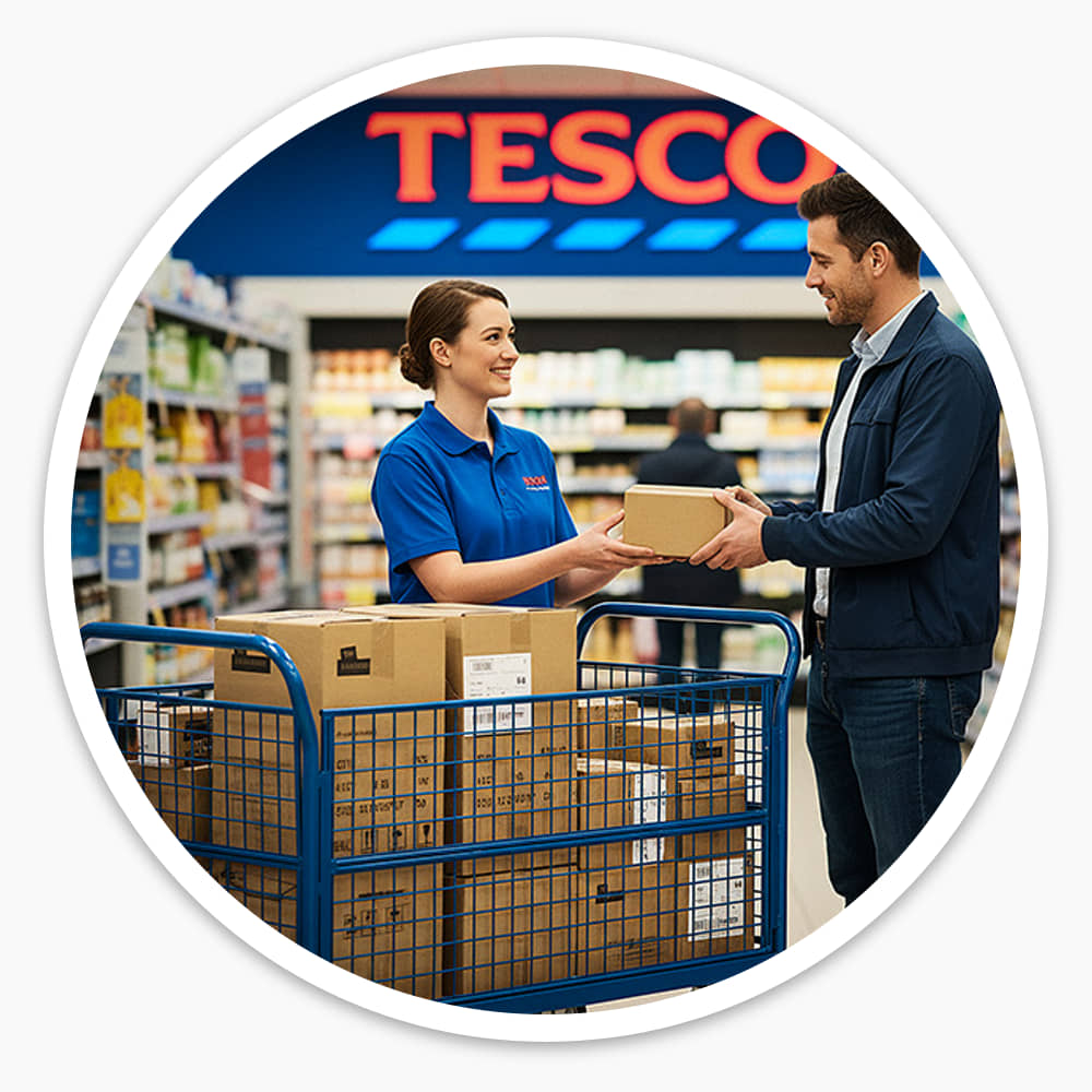 Shop worker handing a box to a customer beside a mesh Basket Trolley full of boxes in a supermarket aisle