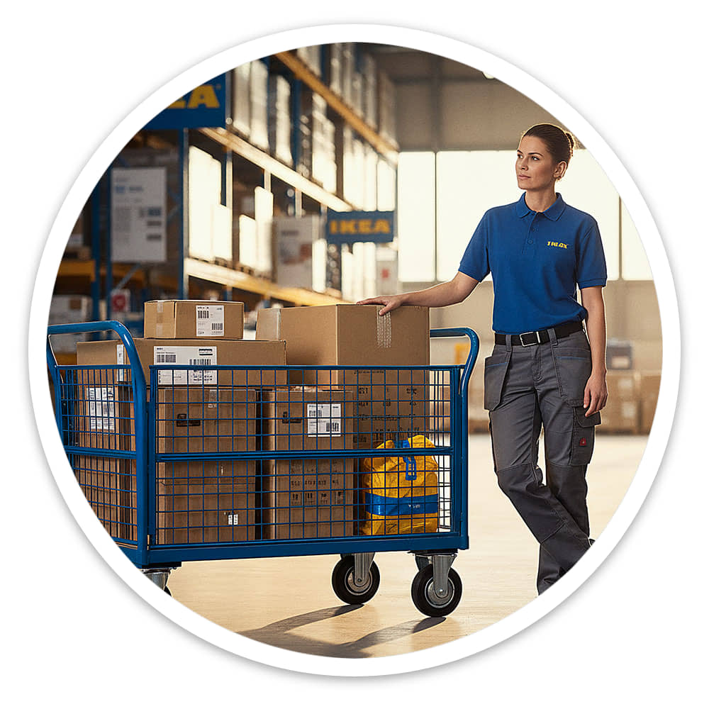 Warehouse worker pushing a Basket Trolley piled high with heavy boxes past stock racking