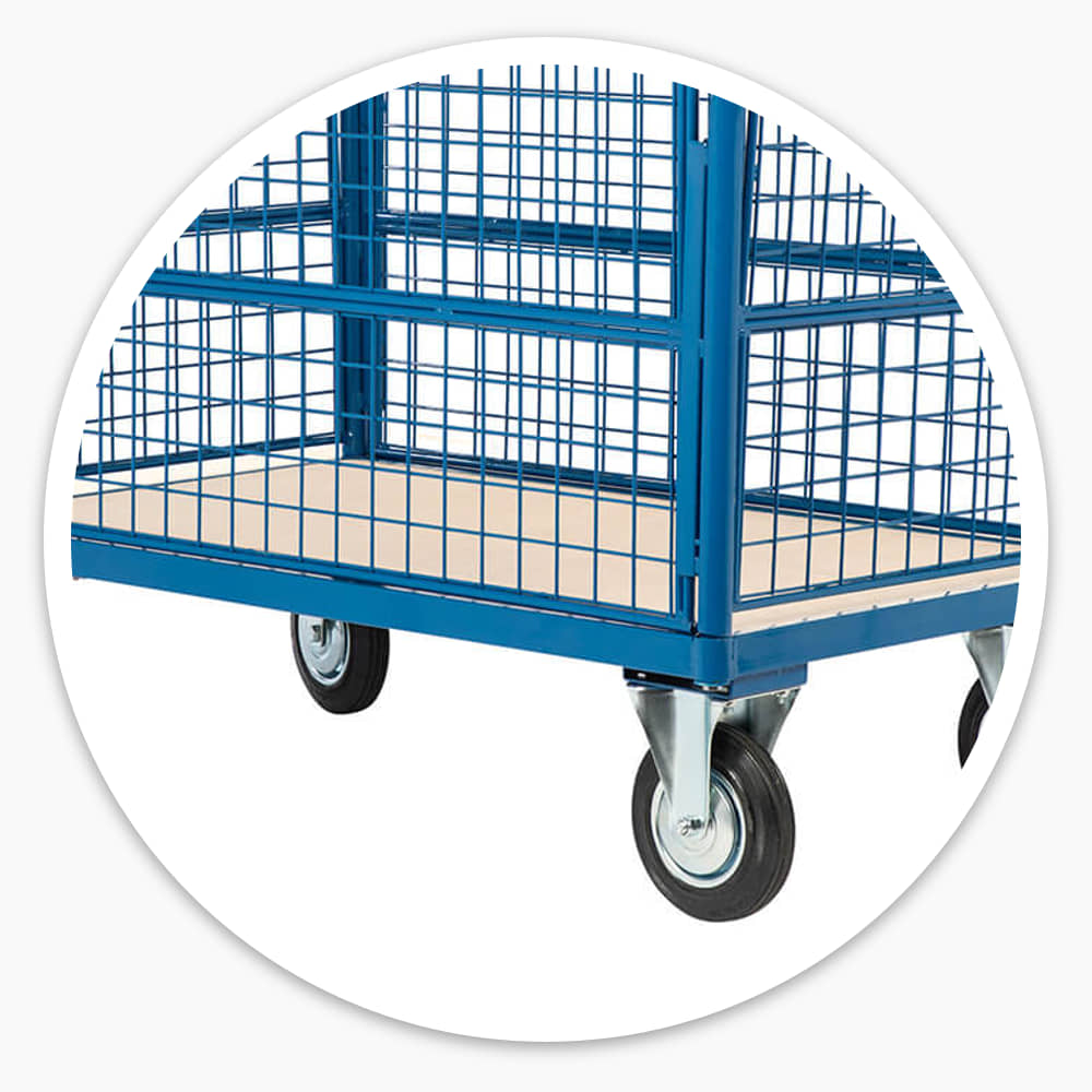 Plywood deck inside the steel frame of the blue mesh Basket Trolley