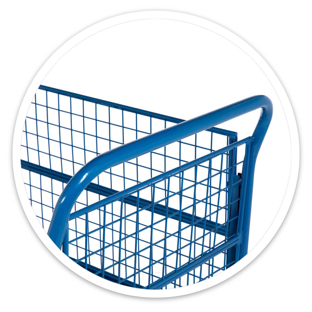 Close-up of the looped tubular steel handle and mesh side of the Basket Trolley
