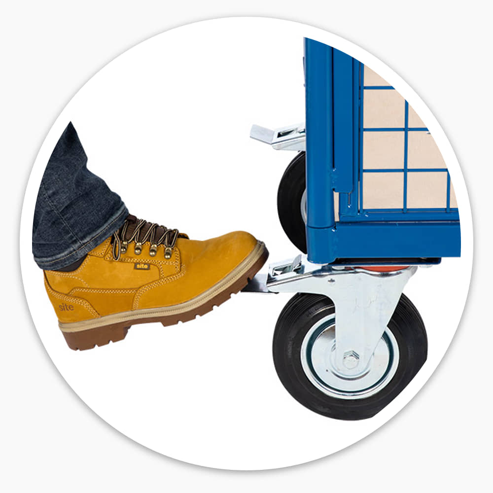 Work boot pressing the foot brake on a swivel castor of the Basket Trolley