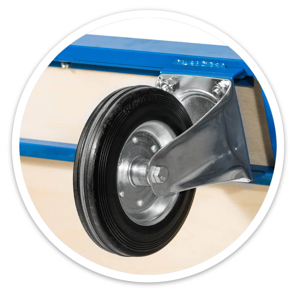 Close-up of the basket trolley's solid rubber wheel with a steel centre on a fixed bracket under the blue frame