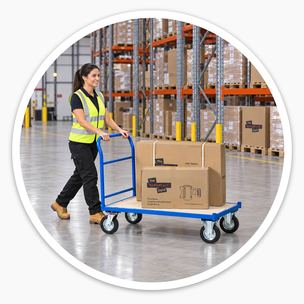 Warehouse worker in hi-vis pushing a loaded Platform Truck with fitted handle between racking