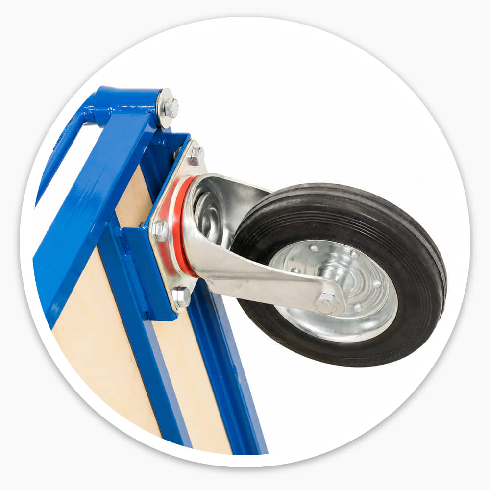 Close-up of a Platform Truck 195mm solid rubber wheel with steel centre and castor bracket