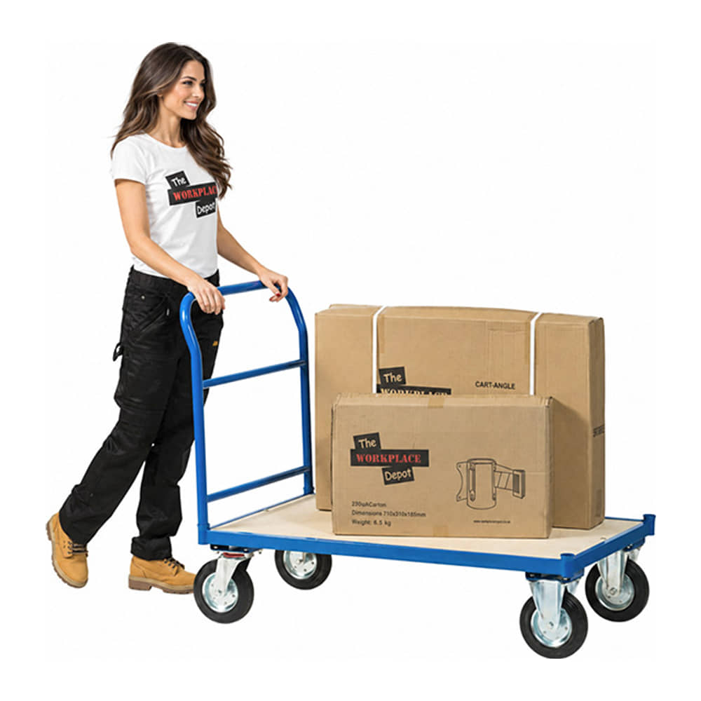 Woman pushing the blue Platform Truck with fitted handle and plywood deck, loaded with two cardboard boxes