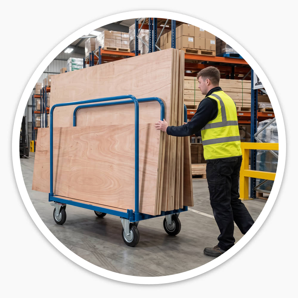Warehouse worker pushing a Sheet Material Trolley loaded with upright plywood sheets